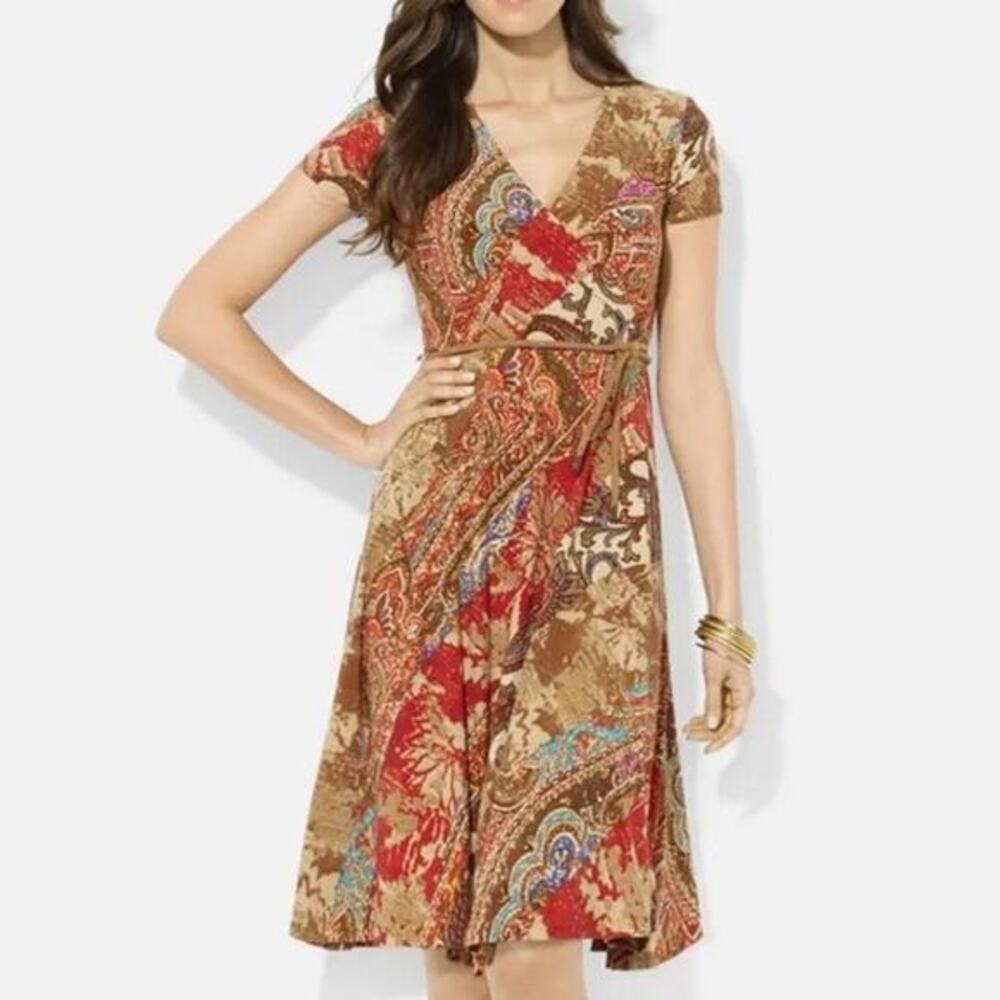 Lauren Ralph Lauren Paisley Stretch Jersey Wrap Dress V-neck petite medium